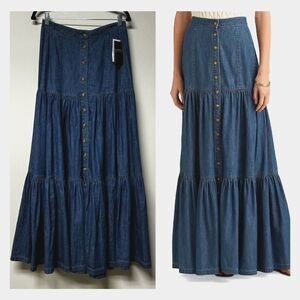 NWT - LAUREN RALPH LAUREN Tiered Denim Button Front Maxi Skirt, Sz 2